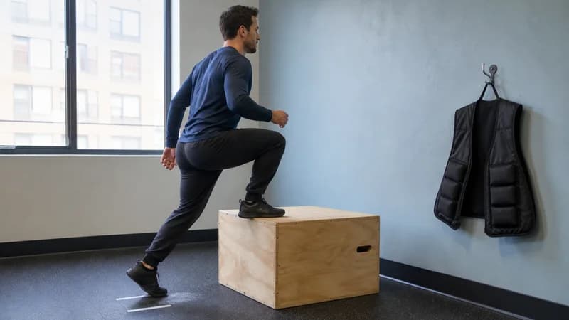 Adult male steps onto a wooden box unweighted; a filled black weighted vest hangs fully removed on a wall hook beside the box.