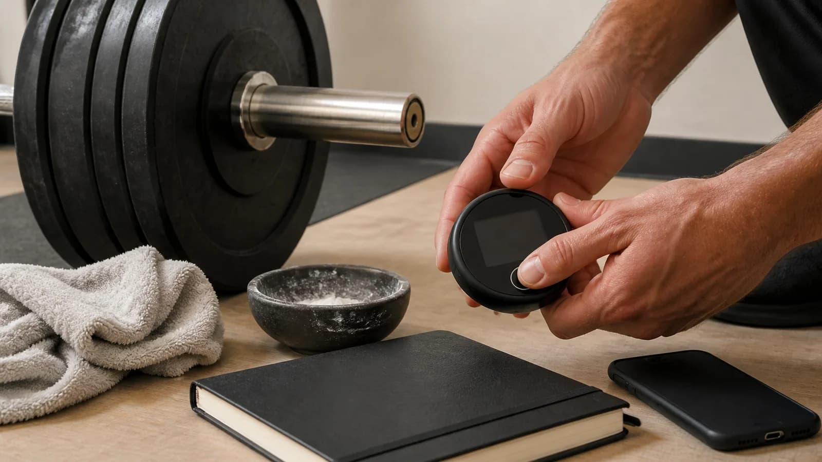 Male hands starting a blank rest timer beside a loaded barbell, chalk bowl, towel, closed training log, and face-down phone.