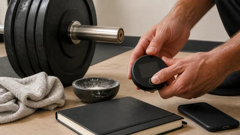 Male hands starting a blank rest timer beside a loaded barbell, chalk bowl, towel, closed training log, and face-down phone.