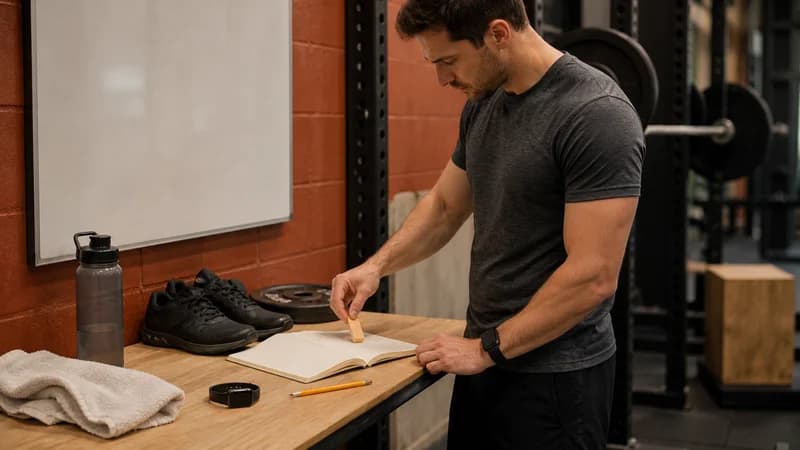 Male lifter reviewing a blank workout notebook, wearable, pencil, shoes, towel, bottle, and plate after training.
