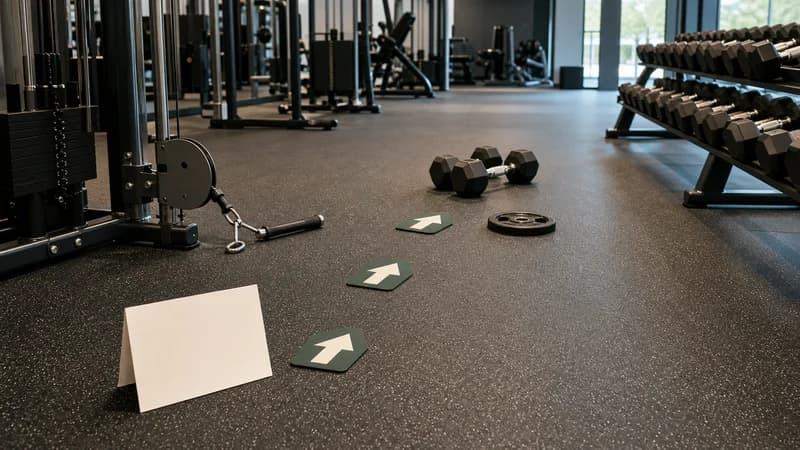 Personfri gymgulvscene med rutemarkører mellem kabelmaskine, håndvægte og blank træningsplan.