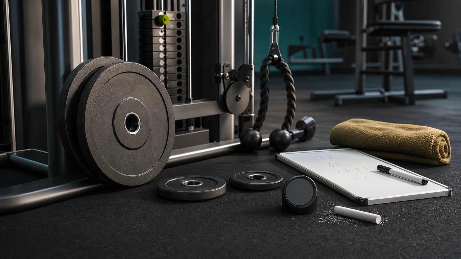Person-free gym setup with heavy plates, smaller back-off plates, blank timer, whiteboard, chalk, and towel.