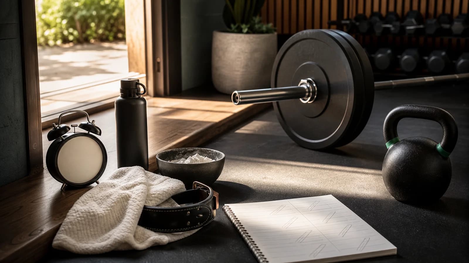 Personfri gymdörr med väckarklocka, handduk, krita, anteckningsbok, bälte, vatten, kettlebell och skivstång för beslut efter dålig sömn.
