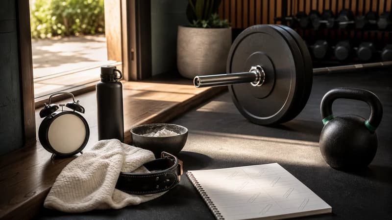 Persoonvrije gymdeur met wekker, handdoek, krijt, notitieboek, riem, water, kettlebell en halter voor een besluit na slechte slaap.