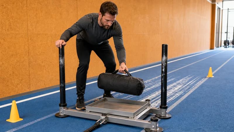 Male lifter lowering one sealed sandbag onto an empty push-sled tray after completing his repetition target.