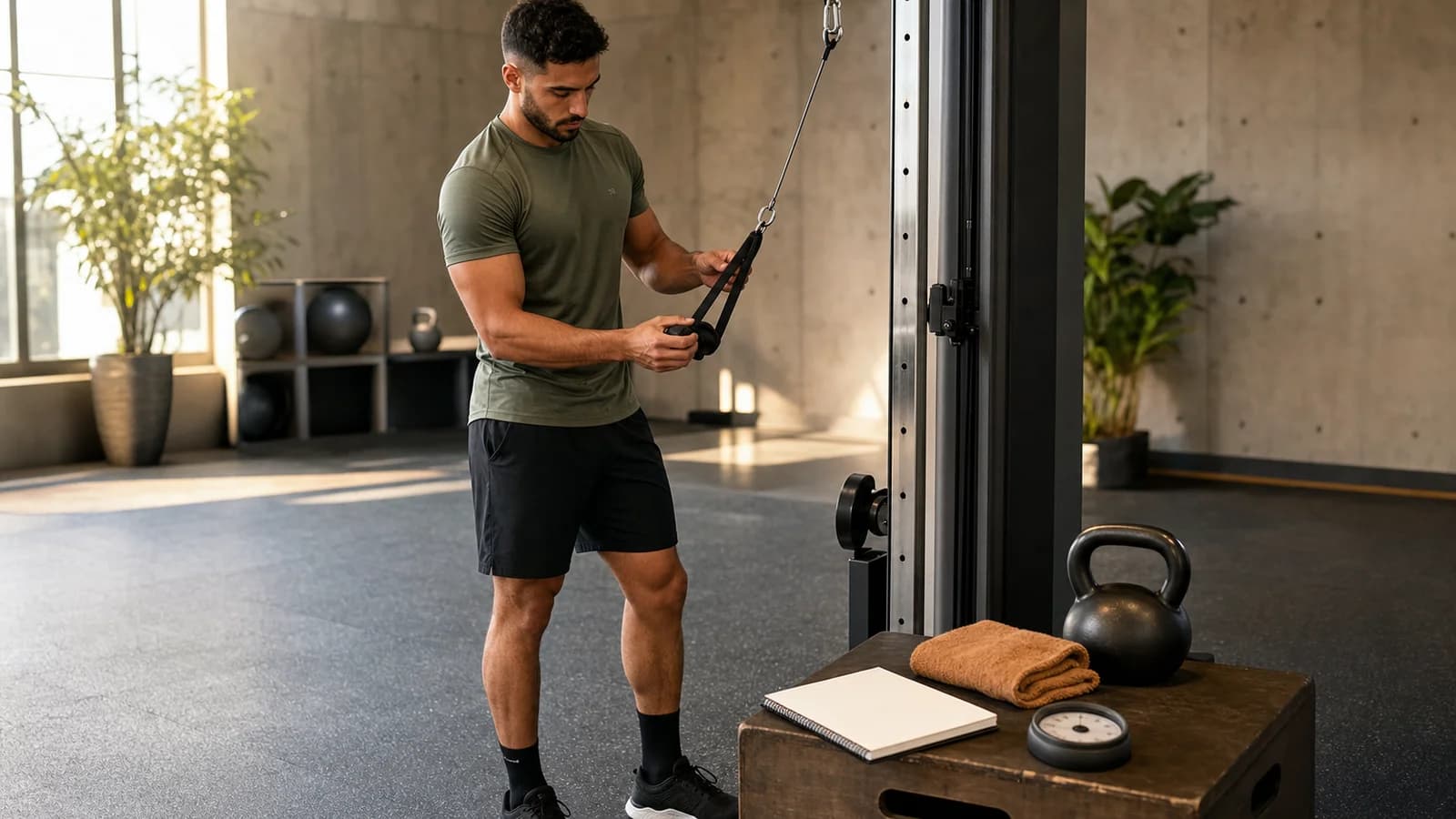 Male lifter adjusting a cable handle beside a blank training notebook, timer, towel, and kettlebell in a warm gym.
