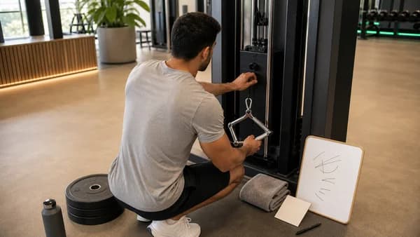 Männlicher Lifter justiert die Belastung einer Seilzugmaschine neben einer leeren Trainingskarte.