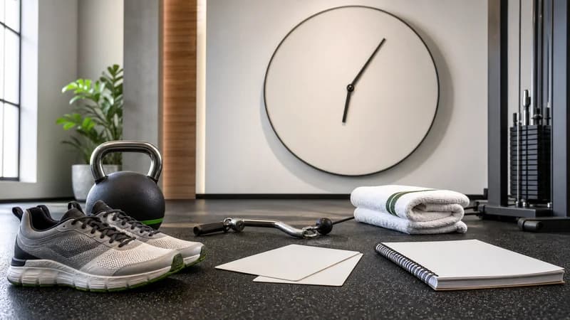 Yazısız salon saati, ayakkabı, kettlebell, kablo tutacağı, havlu, egzersiz kartları ve günlük.