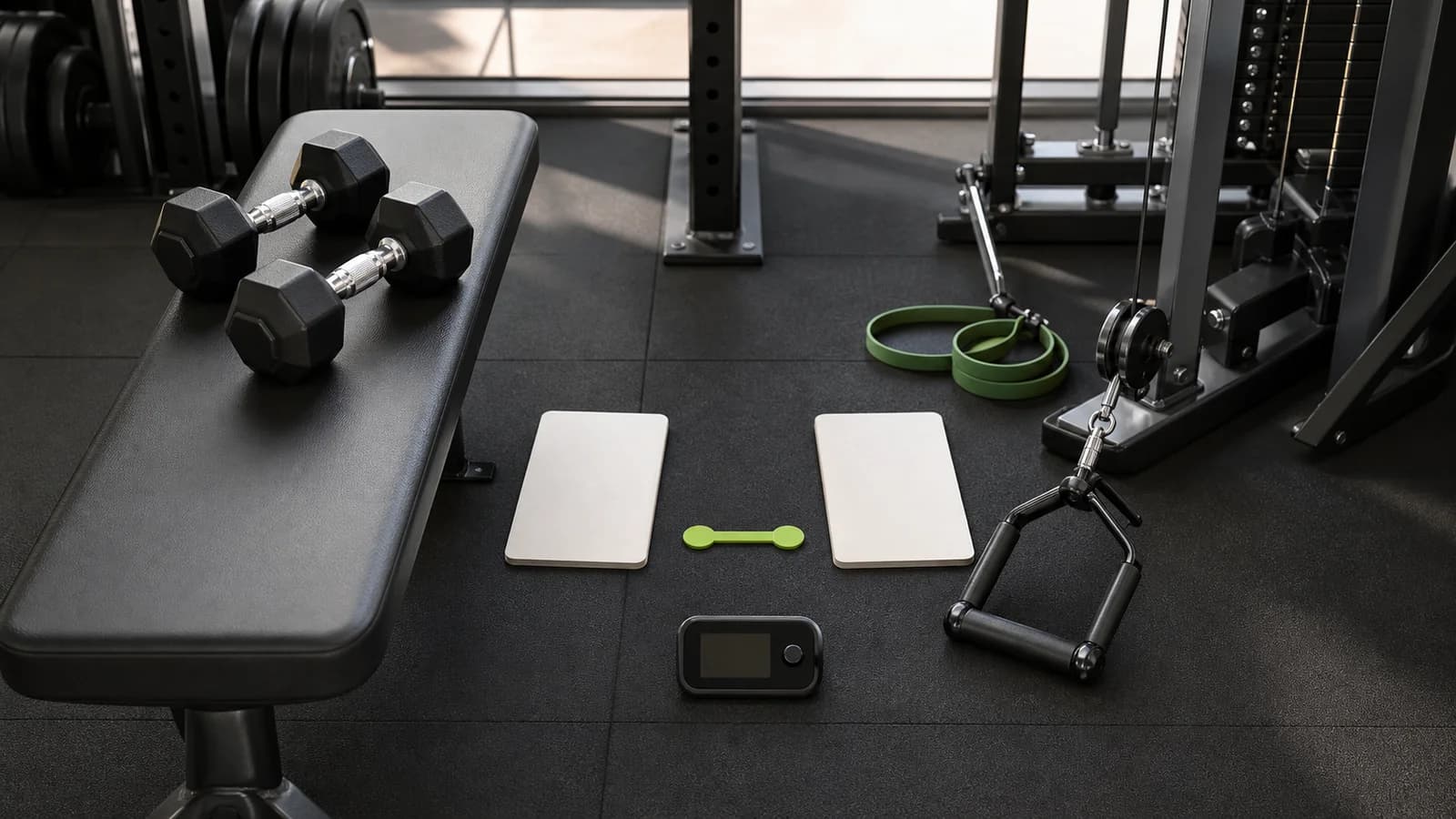 Personenfreie Push-Pull-Station mit Kurzhanteln, Kabelgriff, Timer und leeren Trainingskarten.