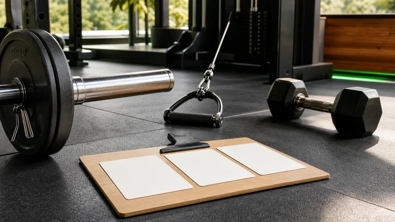 Personfri gymstation med tomma ordningskort, skivstångsände, kabelhandtag och hantel.