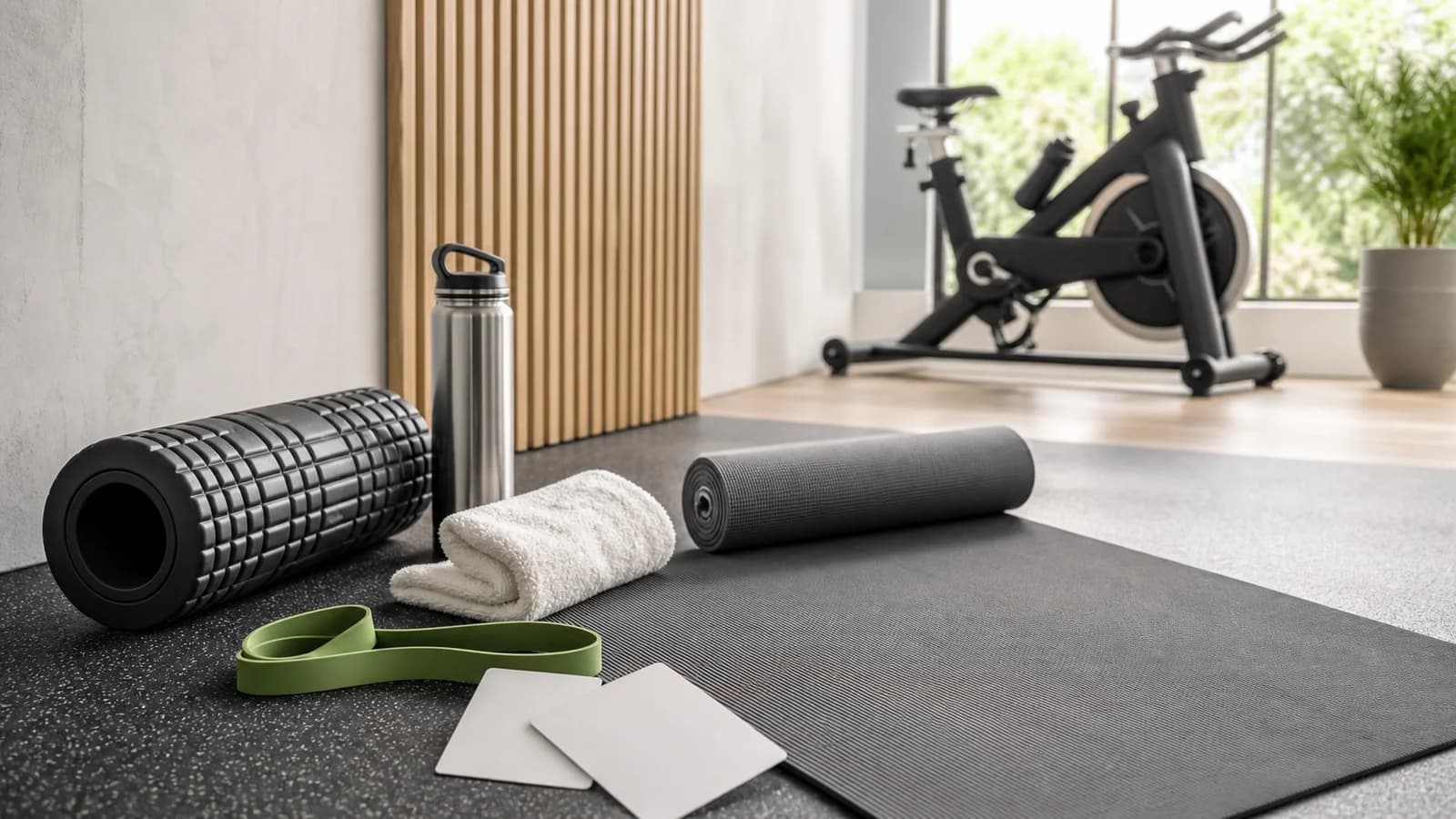 Person-free active recovery station with foam roller, mat, mobility band, towel, water bottle, and easy bike.