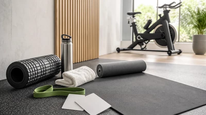 Personfri station för aktiv återhämtning med foam roller, matta, rörlighetsband, handduk, vattenflaska och lätt cykel.