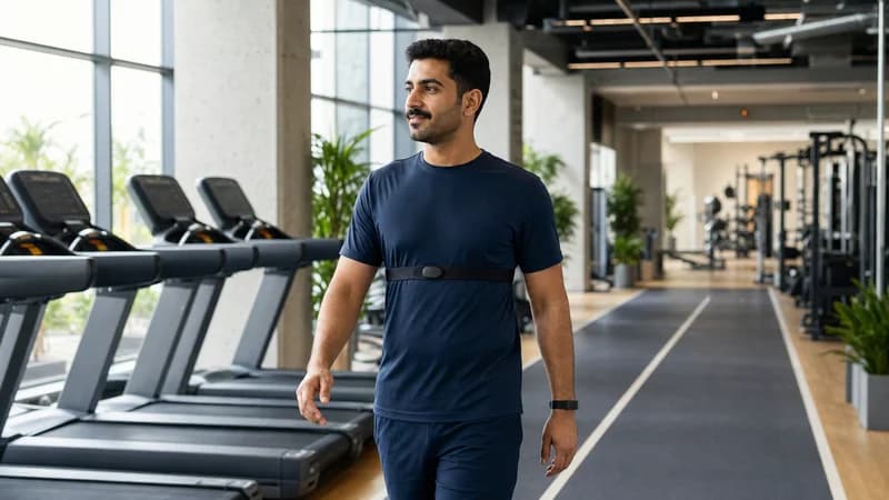 Manlig nybörjare som går i lugnt zon 2-cardio-tempo på ett modernt gym med pulsband.