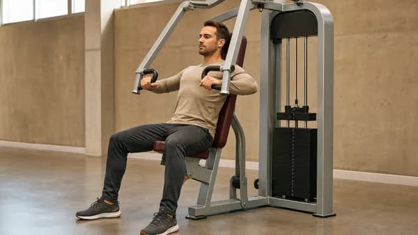 Adult man in sand long sleeves does a seated chest press, pushing paired handles as a small part of the weight stack lifts.