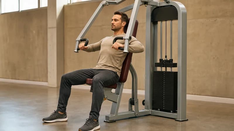Adult man in sand long sleeves does a seated chest press, pushing paired handles as a small part of the weight stack lifts.