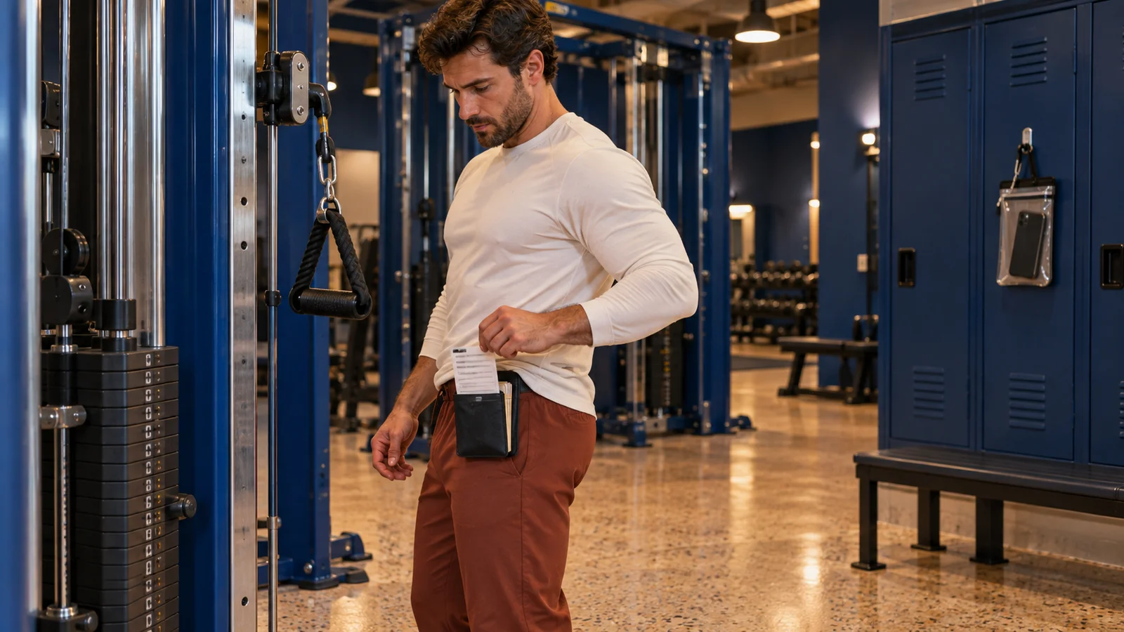 Male lifter retrieves a paper workout card beside a cable station while his phone stays stored in a locker pouch.