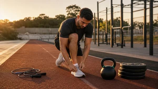 Mannlig utøver knyter løpesko ved hoppetau, kettlebell og vektskiver på en utendørs løpebane.