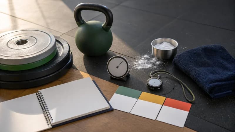 Personfri gymmiljö med tomma ansträngningskort, loggbok, viktskivor, kettlebell, handduk och krita för RPE-bedömning.