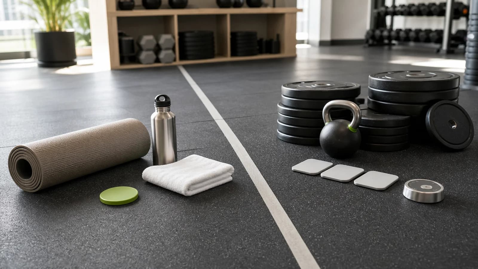 Pavimento palestra senza persone con tappetino e acqua vicino a dischi più leggeri e schede deload vuote.