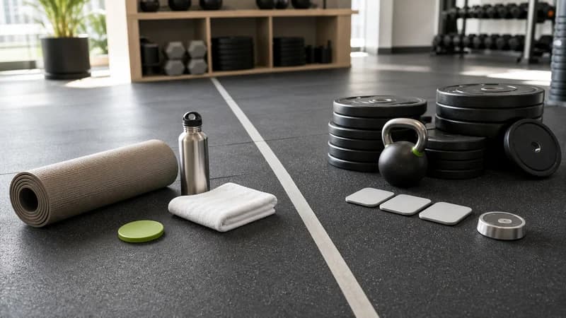 Person-free gym floor with a recovery mat and water bottle beside reduced plates and blank deload-week session tiles.