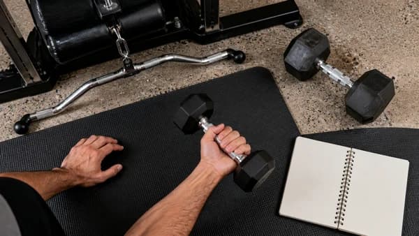 Male hands starting a light dumbbell test while a cable machine handle and blank comparison notebook stay visible