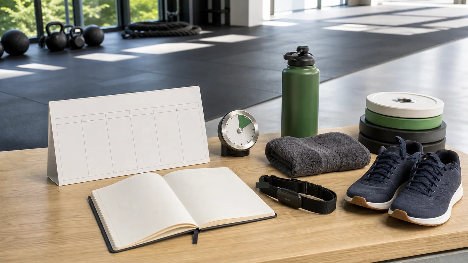 Persoonvrije gymtafel met lege kalender, trainingslogboekboek, timer, drinkfles, hartslagband, schoenen, handdoek en lichte schijven.