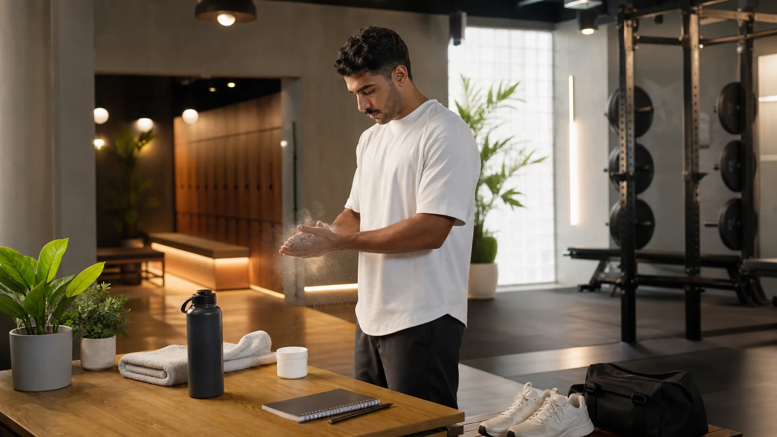 Saudi male gym-goer preparing with chalk, towel, shoes, water, and a training log for a deload week decision.