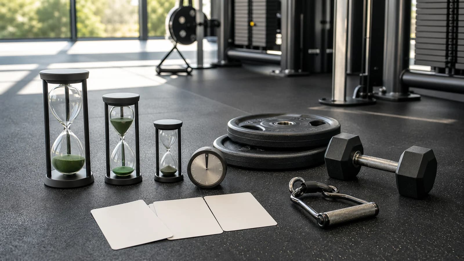 Person-free gym cover with sand timers, plates, dumbbell, cable handle, and blank rest cards.