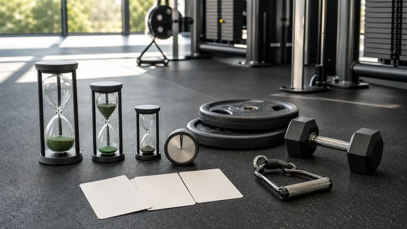 Personenvrije gym met zandlopers, halterschijven, dumbbell, kabelgreep en rustkaarten.