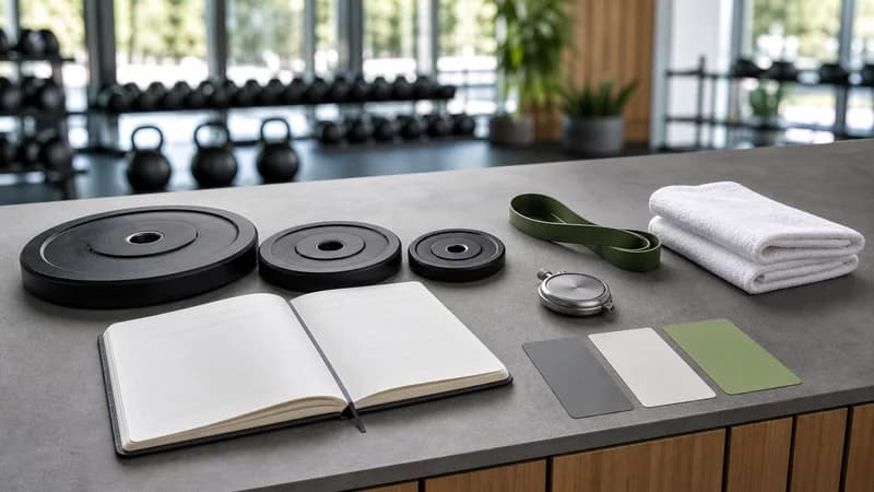 Personfritt gymbord med tom träningslogg, viktskivor, band, handduk och beslutskort för deload kontra att pressa hårdare.