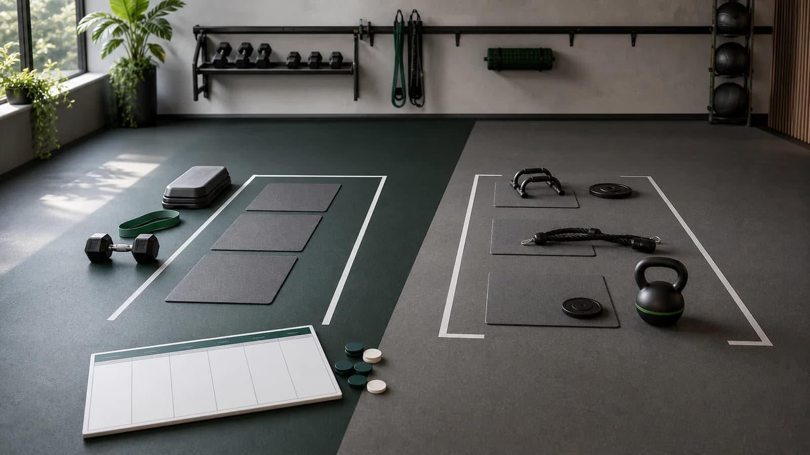 Studio tanpa orang dengan dua jalur perencanaan untuk full body dan push pull legs.