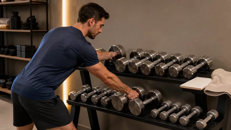 Male lifter choosing a controllable dumbbell pair from a rack before a muscle-growth set.
