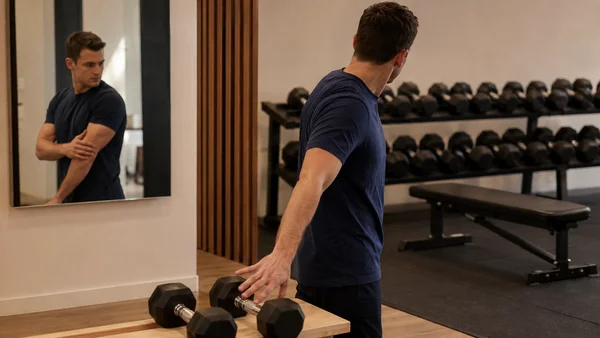 A male lifter turns from a mirror arm check toward dumbbells