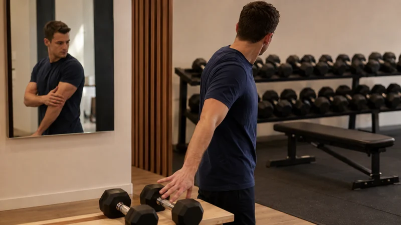 A male lifter turns from a mirror arm check toward dumbbells