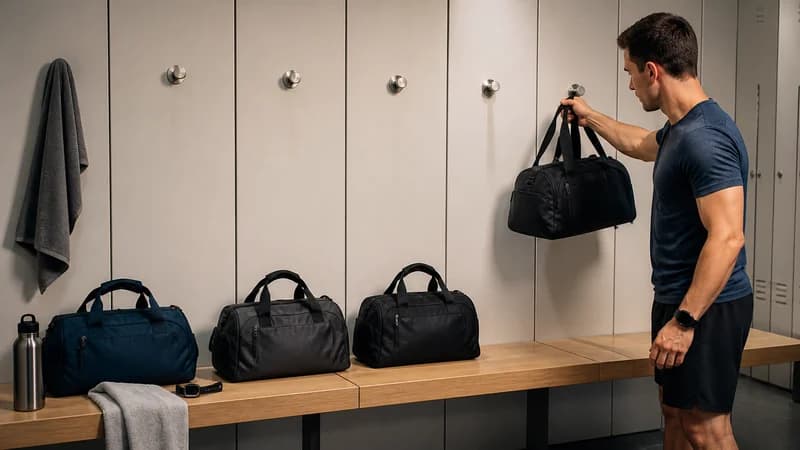 Male lifter removing one extra gym bag so three training kits and a recovery gap remain on a locker bench.