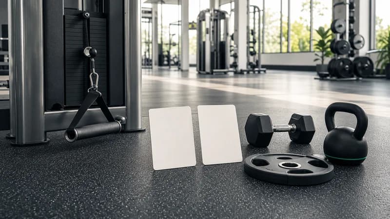 Personfri fitness-sammenligning med kabelmaskinehåndtag, håndvægt, kettlebell, vægtskive og blanke valgkort.