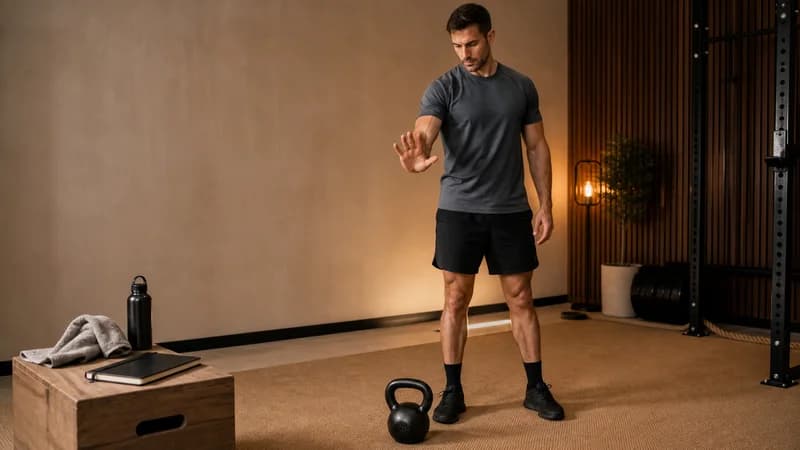 Male lifter raising an open palm to stop after a kettlebell set near failure.