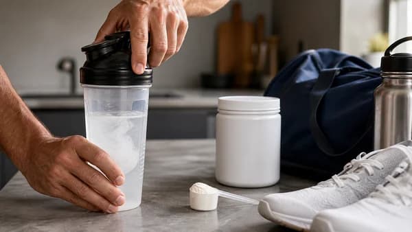 Tangan pria menutup shaker creatine bening di samping wadah polos dan sepatu latihan.