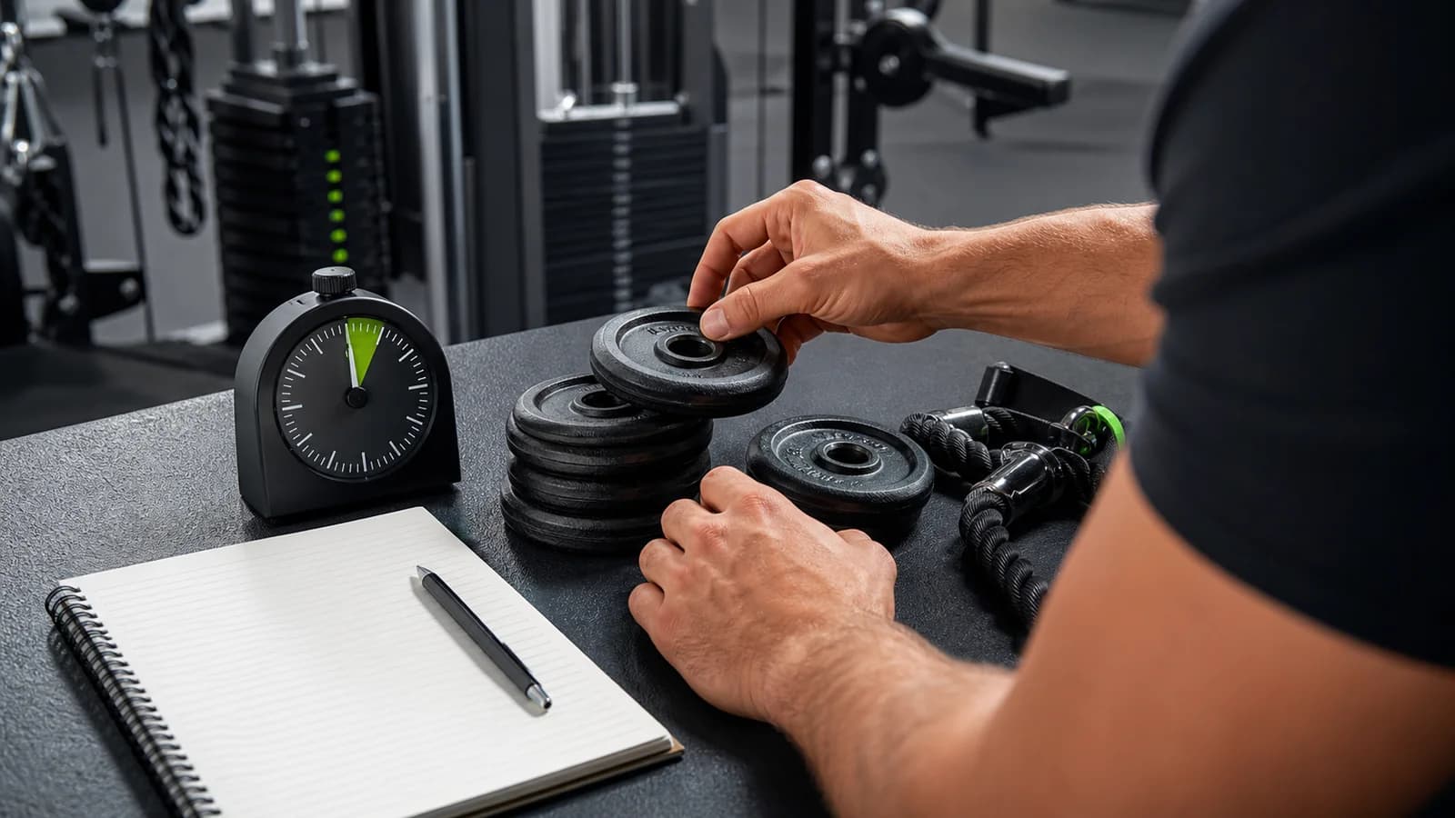 Male hands arranging weight plates beside an analog timer and blank workout log for comparing slow reps with controlled reps.