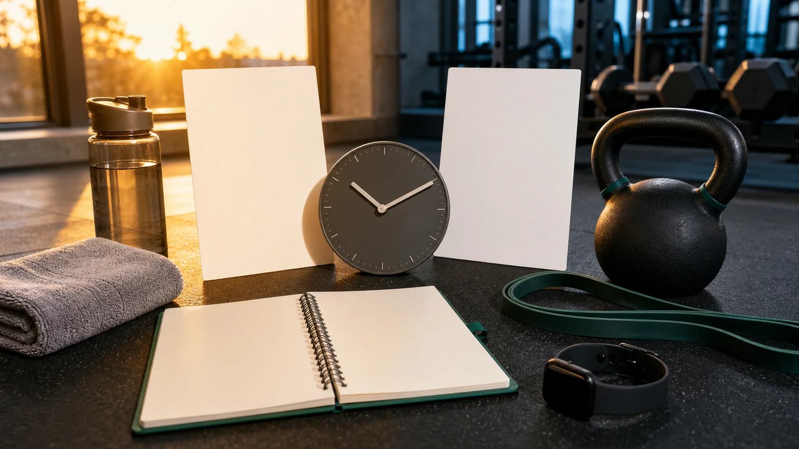 Personenfreies Gym-Setup mit leeren Morgen- und Abendkarten, Uhr, Logbuch, Kettlebell, Band, Handtuch und Flasche.