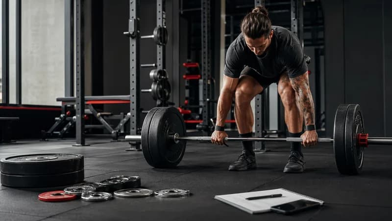 Sporcu küçük plakalar ve antrenman günlüğü yaninda yuklu bar hazirliyor