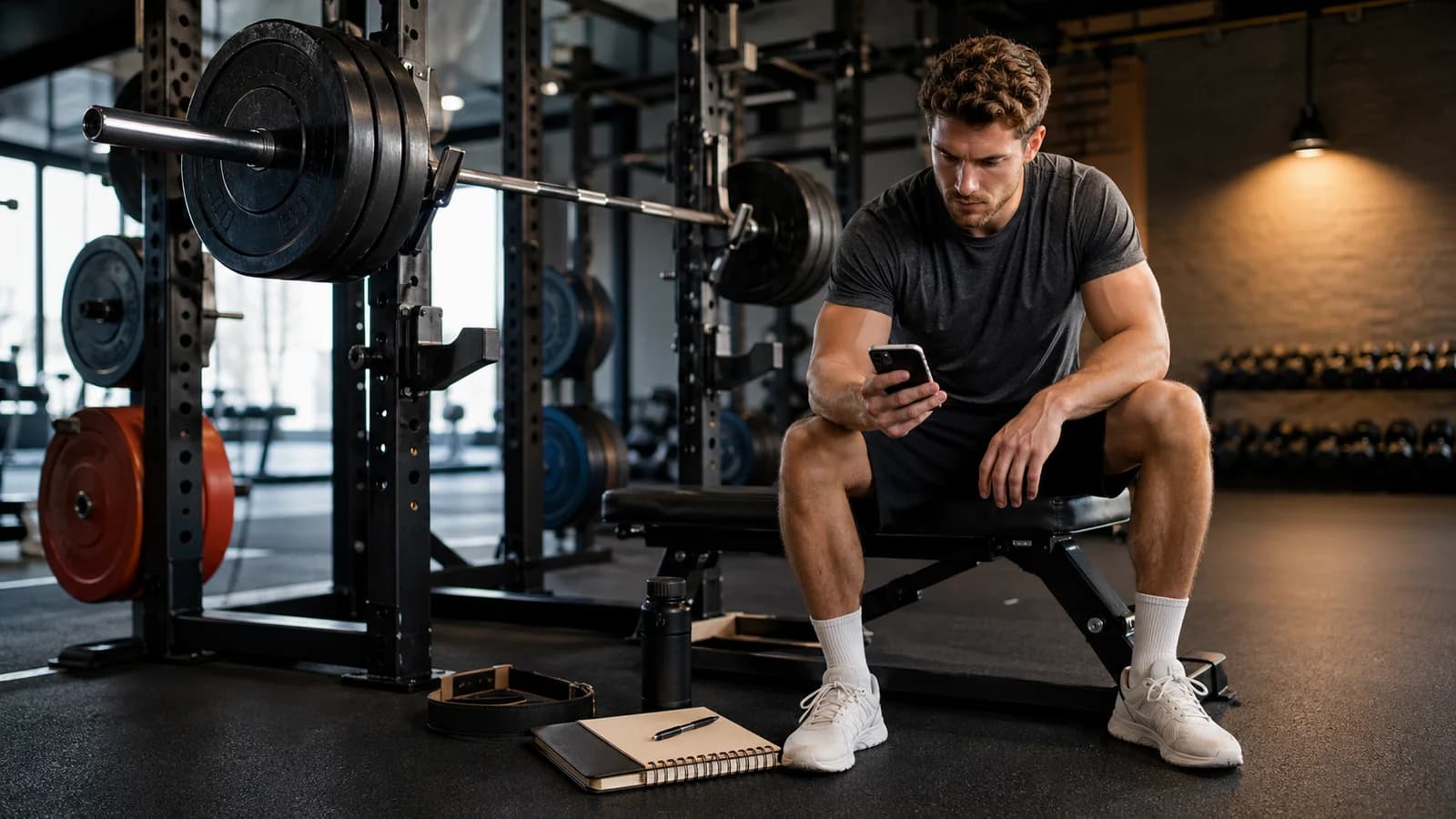 Fokuseret løfter ved vægtskiver og træningslog i et moderne fitnesscenter.