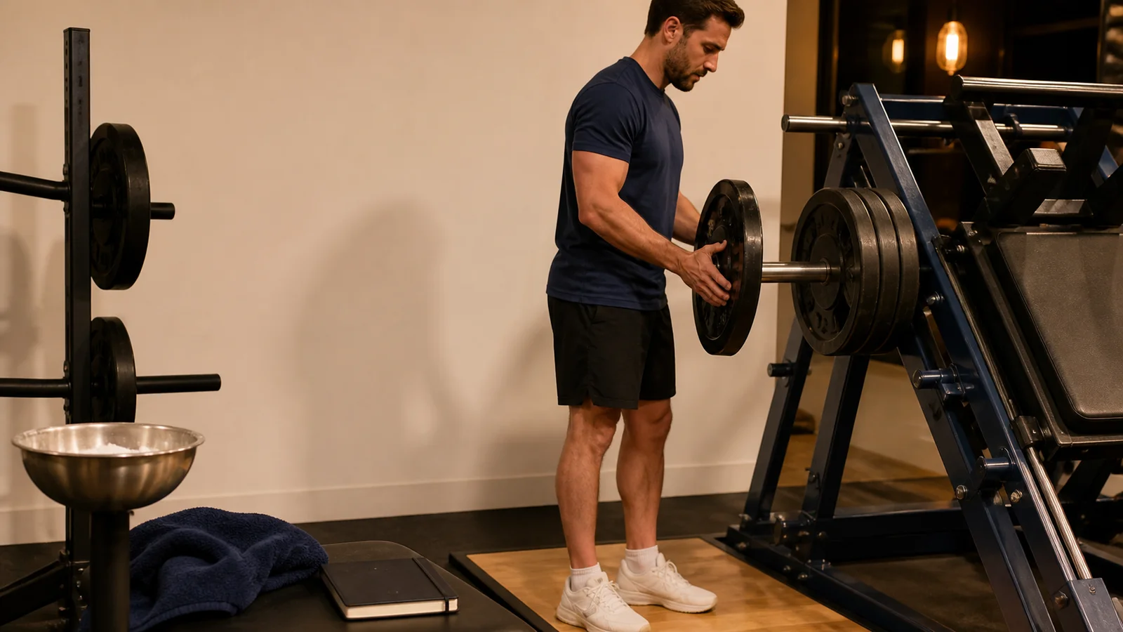 متدرب رجل يزيل قرص وزن من جهاز ضغط الرجل لتعديل جاهزية التمرين.
