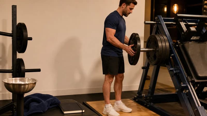 Male lifter removing a plate from a leg press machine to adjust workout readiness.