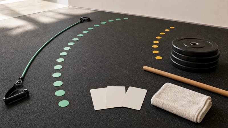 Person-free gym floor with long and short motion arcs, cable handle, plates, dowel, towel, and blank rep-quality cards.