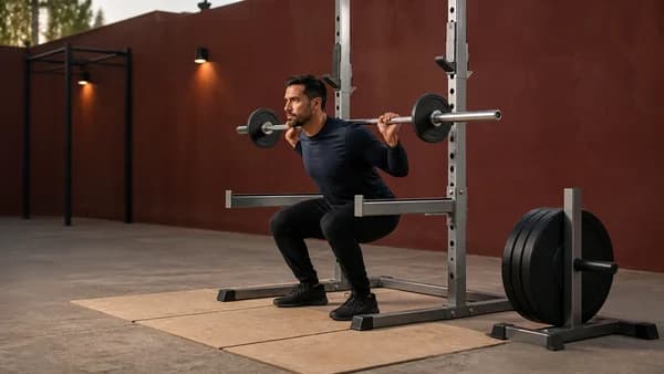 Male lifter performing a crisp light barbell squat while heavier working plates remain on the storage tree.
