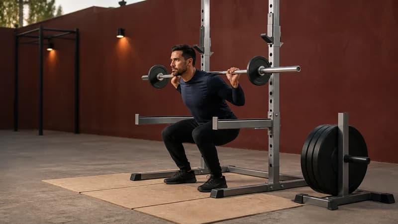 Male lifter performing a crisp light barbell squat while heavier working plates remain on the storage tree.