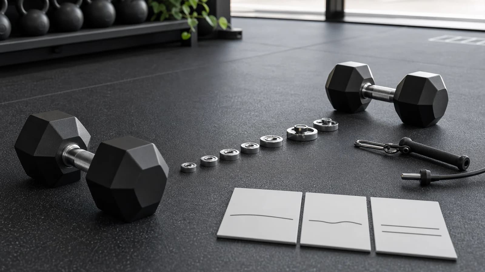 Kun objekter på fitnessgulv: håndvægte, fraktionelle mikroskiver, kabelhåndtag og tomme repinterval-felter.