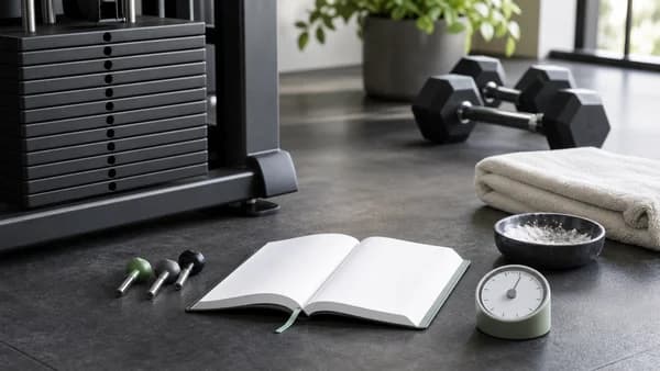 Cable stack tanpa orang dengan pin pilihan, log kosong, timer, kapur, handuk, dan dumbbell.
