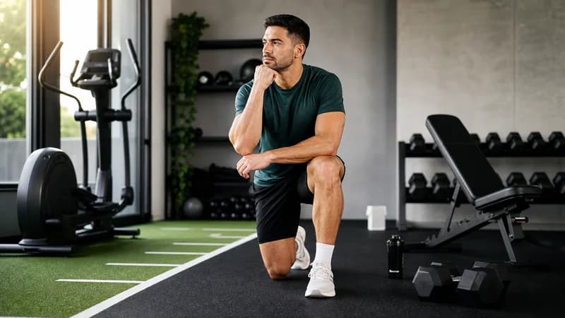 Atlet väljer mellan konditionsmaskin och vikter i ett modernt gym